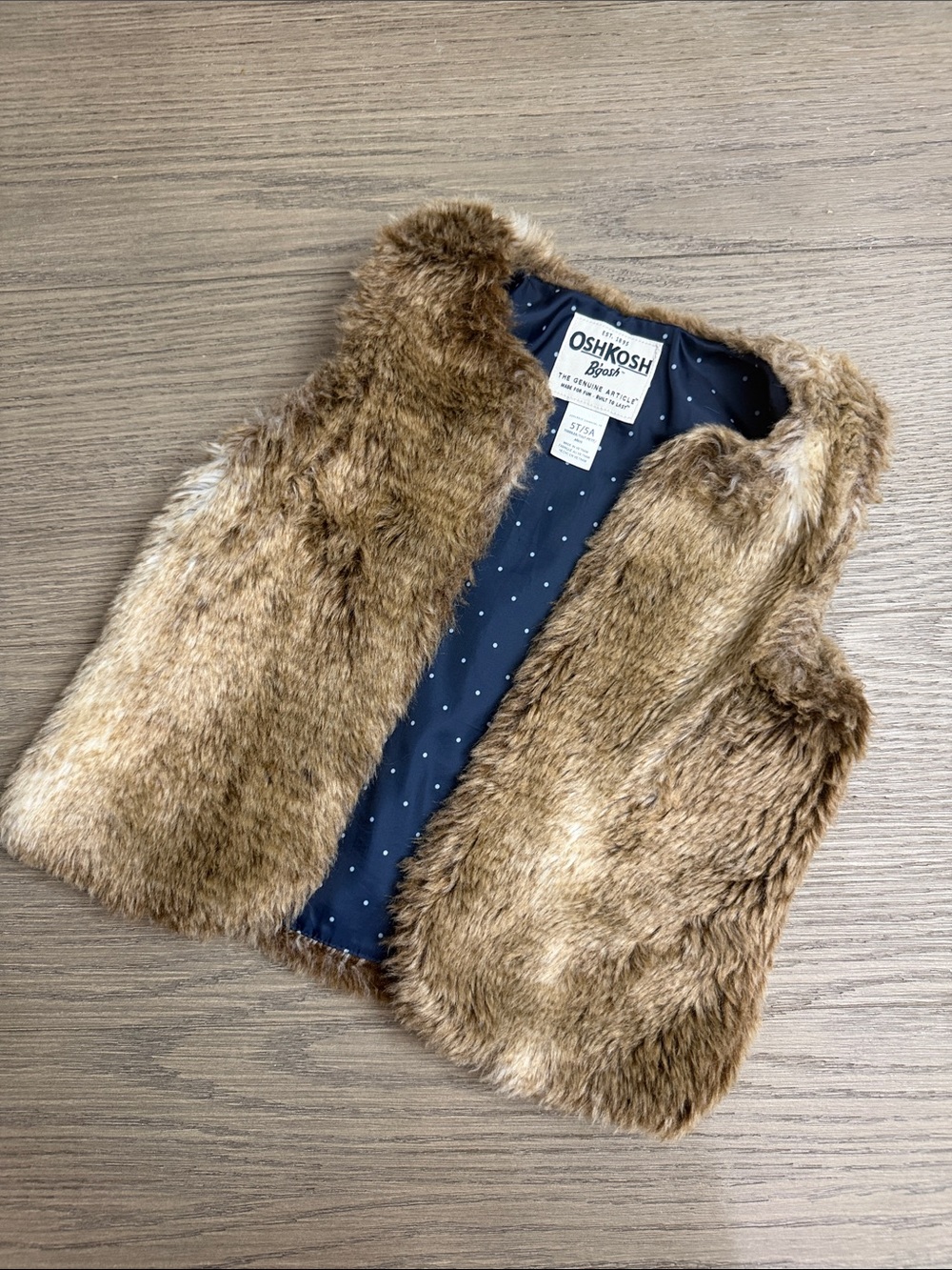OshKosh B'gosh Brown Faux Fur Girls' Vest with Navy Polka Dot Lining